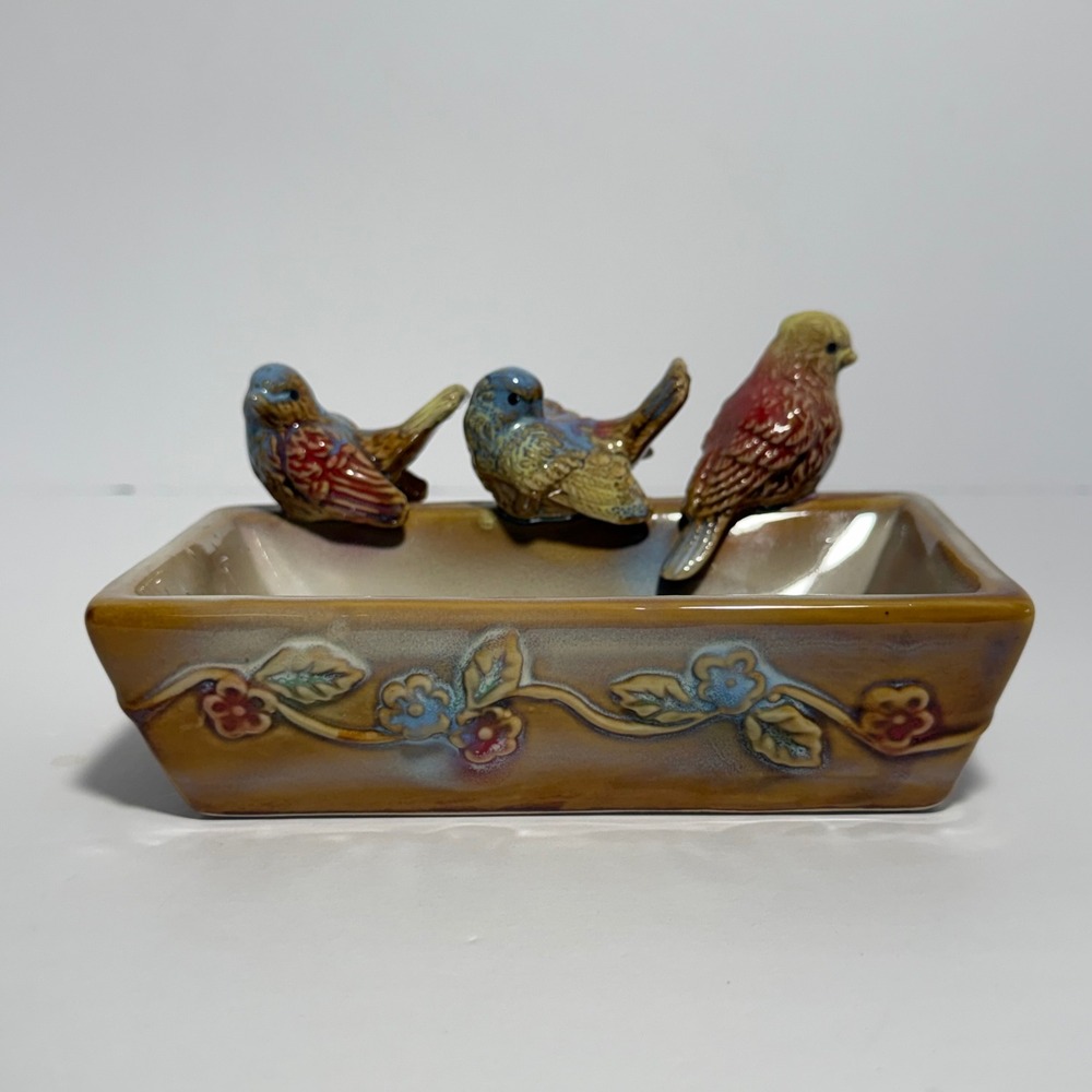 Vintage Ceramic Birds Sitting Bath Trinket Dish Planter Soap Holder
